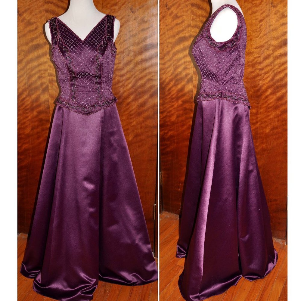 Mark & Lizzie Plum Beaded Sleeveless Satin Formal Evening Gown